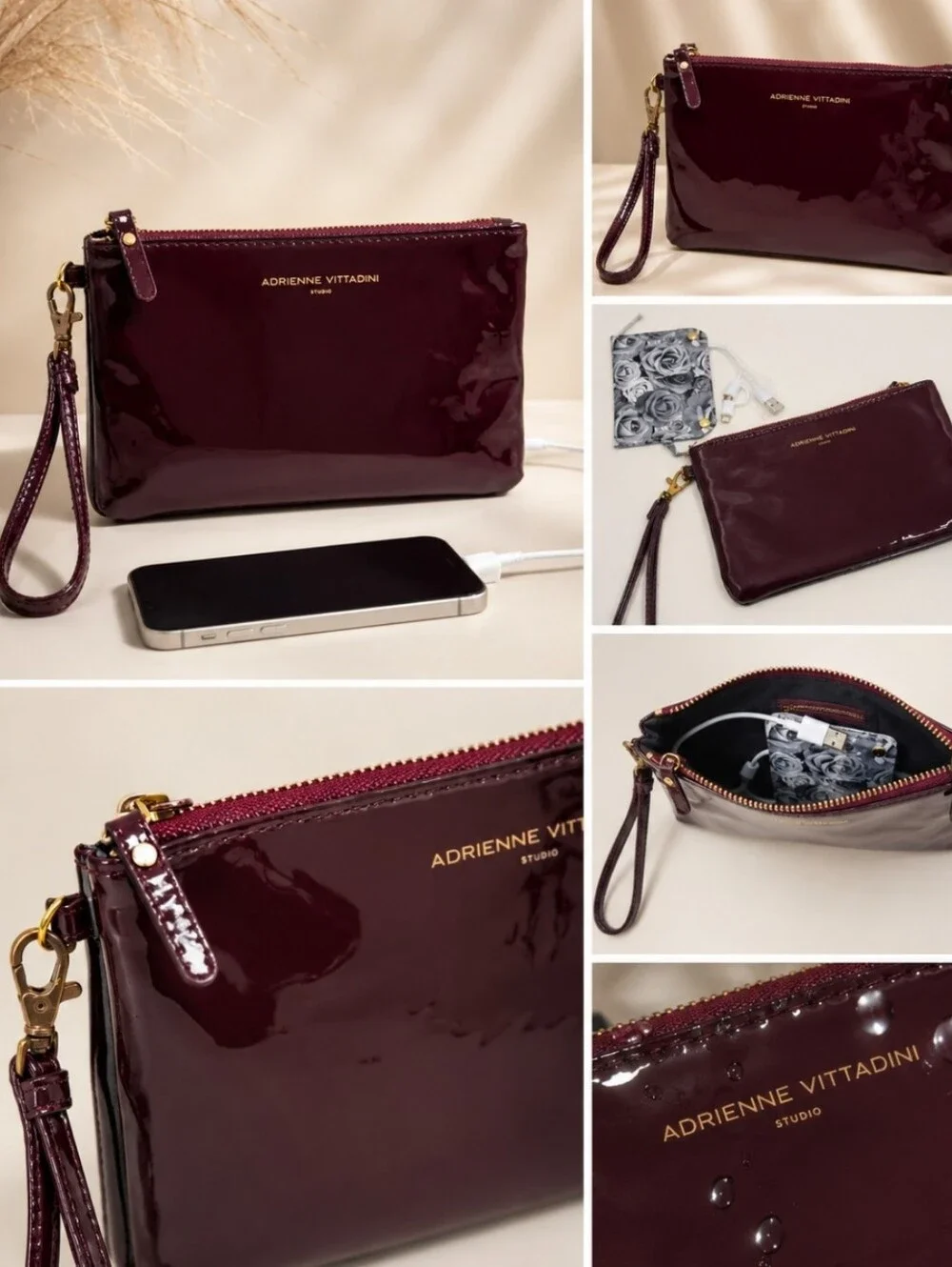 Adrienne Vittadini Burgundy Patent Leather Charging Wristlet Power Bank Clutch